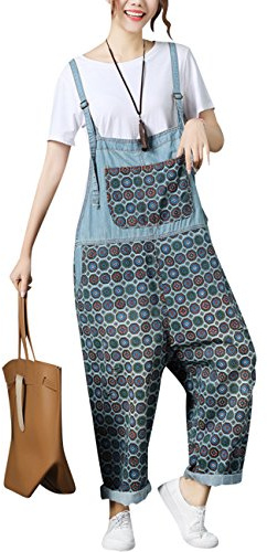 Youlee Donna Stampato Tute con spalline Pagliaccetti casual Salopette di jeans Style 3 Light Blue