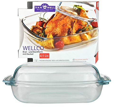 Van Well Brat- und Backform mit Deckel 4,1 L aus Glas, rechteckige Auflaufform 34 x 21,5 cm, ofenfest, mikrowellengeeignet, spülmaschinengeeignet, Glasform für Lasagne, Braten, Kuchen
