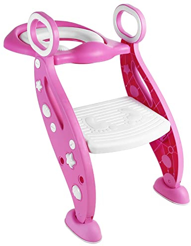 Rainberg Kids Potty Training Toilet Seat Adjustable Height Step Ladder for Toddlers | Bathroom Aid Toddler Toilet Seat and Step with Non-Slip Handles, Portable Design (Pink White)