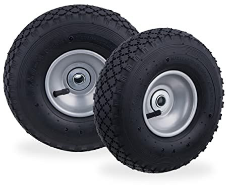 Relaxdays Set 2 Ruote per Carrello e Carriola, Ruotino Scorta ad Aria con Cerchione in Acciaio, ASSE D:16mm, Nero Grigio