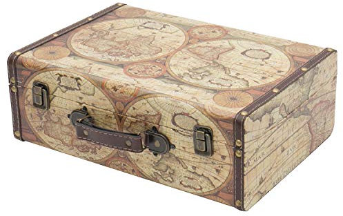 HMF VKO104 Vintage Koffer aus Holz | 38 x 26 x 13 cm | Groß | Deko Weltkarte Farbe
