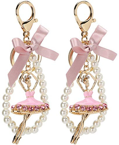 Pssopp 2PCS Ballett Mädchen Schlüsselkette Diamantbesetzte Perle Anhänger Schlüsselkette Bowknot Perlentasche Metall Schlüsselring für Geldbeutel Tasche Dekoration