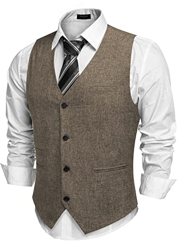 COOFANDY Men's Slim Fit Tweed Suit Vest Formal Business Herringbone Waistcoat Brown Medium