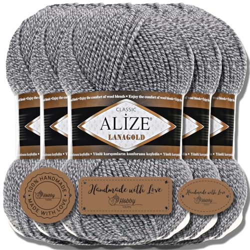 Hobby YARN 3x Etikettenlabel mit Alize Lanagold Wolle Premium 5x100g als Set, Yarn, Garn, Strickgarn, Einfarbig, Baby, zum Häkeln, Stricken, Kleidung, Schals (Light Grey DUE - 651)