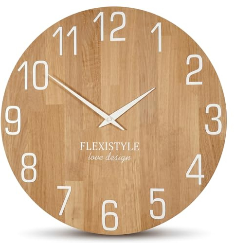 FLEXISTYLE Wanduhr Natur Durchmesser holzoptik 100% Eiche, Holz modern, Wohnzimmer, ohne tickgeräusche … (Eiche/Weiß, 50cm)
