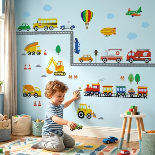 DECOWALL DS-8047 Baufahrzeuge Straßenwandaufkleber LKW Bagger Autos Transport Aufkleber für Kinder Jungen Schlafzimmer Kinderzimmer Spielzimmer Wohnzimmer Kunst Dekor abnehmbar