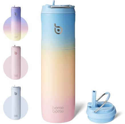 BOTTLE BOTTLE - Botella de agua aislada de 680,4 g con tapa de paja y asa para deportes, viajes, gimnasio, acero inoxidable, doble pared, a prueba de fugas, sin BPA (azulamarillorosa)