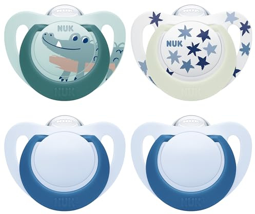 NUK Star Day & Night Babyschnuller | 6-18 Monate | Beruhigt 99 % der Babys | BPA-freie Silikonschnuller | Mit Leuchteffekt für einfaches Finden im Dunkeln | Krokodil | 4 Stück