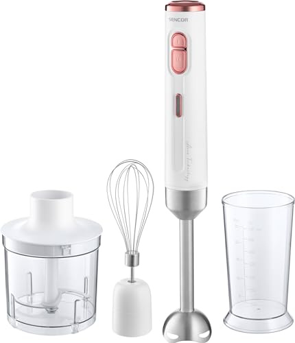 Sencor minipimer immersione senza fili SHB9000W, frullatore 3in1, bicchiere da 700ml, lame in acciaio con superficie in titanio, tritatutto elettrico 500ml, frusta elettrica, ricarica con cavo usb-c