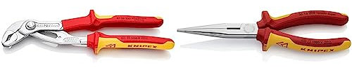 Knipex Cobra® VDE Hightech-Wasserpumpenzange, isoliert verchromt, isoliert mit Mehrkomponenten-Hüllen, VDE-geprüft 250 mm 87 26 250 & Flachrundzange mit Schneide (Storchschnabelzange) verchromt
