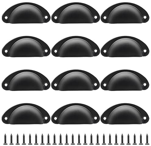 Hocansen 12 Stück Schubladengriffe Muschelgriffe Vintage 8cm Möbelgriffe Schubladenknöpfe Muldengriffe Griffe Möbel mit Schrauben Metall Ziehgriffe für Schrank (BK-LS/Black)