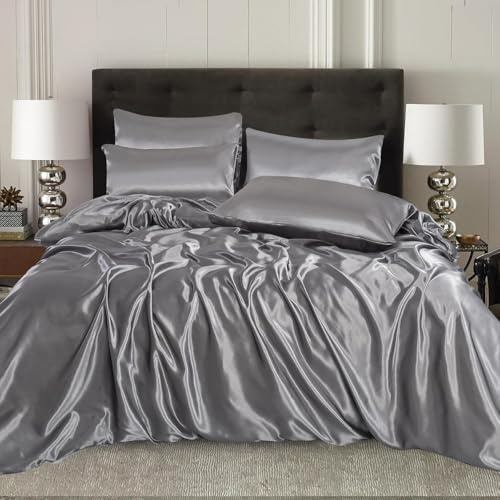 XXR SATIN SILK COMPLETE BEDDING SET DUVET COVER FITTED SHEET 4 PILLOW CASES 6 Pcs (Silver, Double)