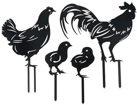bowarepro 4 Metall Hühner Hof Kunst Hahn Dekoration Gartenstecker Henne Huhn Deko Handarbeit Gartenstatuen für Outdoor Hof Zaun Garten (Schwarz)