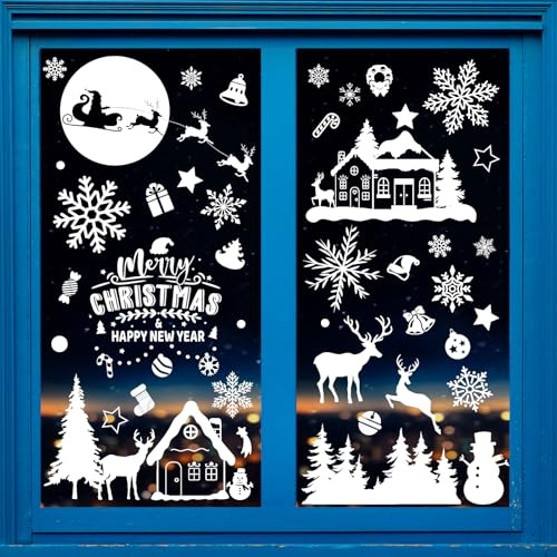 Fensterbilder Weihnachten Selbstklebend 198, Groß Weihnachtsfenster Bilder Weihnachtsdeko Fenster Weiß, Statisch Weihnachts Fensterbilder Fenstersticker Weihnachten Fensterbild XXL für Fensterdeko