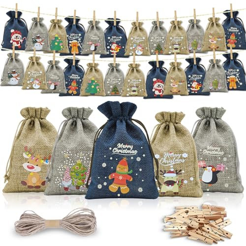 Adventskalender zum Befüllen Stoff 24 Gedruckte Weihnachtskalender zum Befüllen, Adventskalender Säckchen Groß 20 x 14cm Adventskalender Tüten zum Befüllen mit Klammer Adventskalender 2024 Kinder