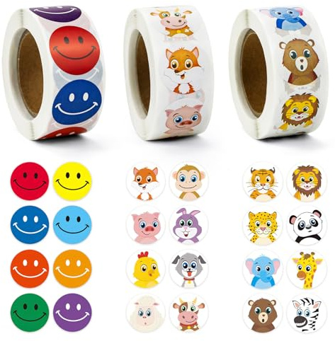 1500 Piezas Redondas Rollo Pegatinas Animales 3 Rollos Animal Reward Pegatinas 24 Diseños Pegatinas Recompensas para Niños Recompensa Del Maestro Pegatinas Recompensa (2.5 cm de diámetro)