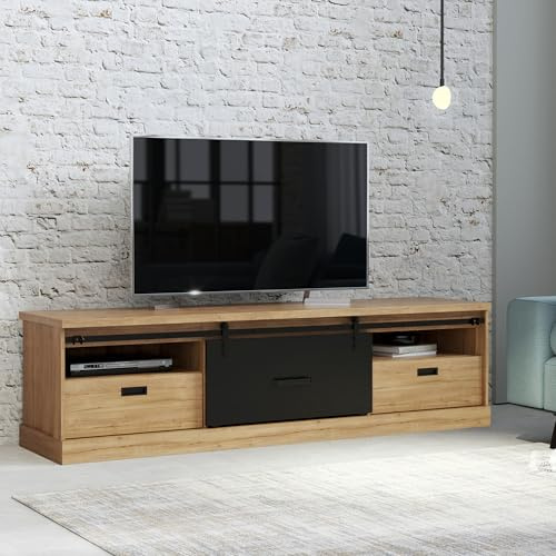 Forte KASZIMIRO TV-Schrank 200 210, TV-Lowboard groß, 1 Tür, 2 Schubladen, Wohnzimmer, Holzwerkstoff, Waterford Eiche Holzdekor/Schwarz, 203,1 cm breit x 56,2 cm hoch x 52,0 cm tief