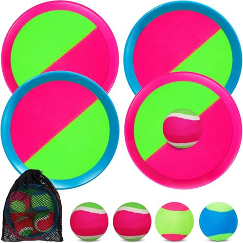 Jovicos Klettballspiel, Gartenspielzeug Outdoor Spiele für Kinder, Klettballspiel für Kinder ab 3 4 5, Outdoor Spielzeug Sommer Spielzeug Draußen, Fangballspiel mit 4 Fangscheiben 4 Bälle