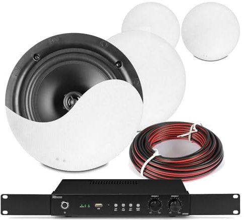 PD 8x 4” BHW40BL Black Ceiling Speaker Kit, Commercial Sound System with Four-Zone, 6-Channel Mixer-Amplifier, Outdoor/Indoor Use, Multi Room Ceiling Speaker System, Home Multi Room Sound System