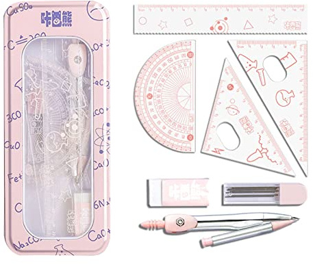 Kit de geometría matemática con reglas, transportador, brújula, borrador, recambios de lápiz para dibujo y dibujos, 8 piezas/juego de 8 reglas de brújula matemáticas y transportadores, kit de