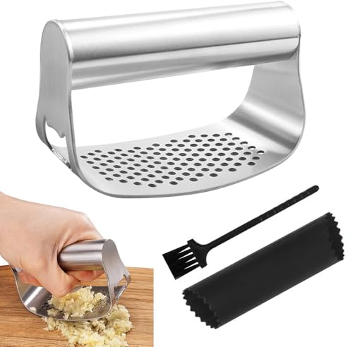Premium 304 Stainless Steel Garlic Press Rocker, Anti-Rust, Dishwasher Safe Crusher, Easy-to-Clean Garlic Mincer Chopper with Silicone Peeler and Cleaning Brush (Black)