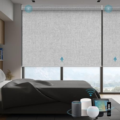 SmartWings Elektrisches Rollo mit Fernbedingung, Smart Rollo Innen 100% Verdunkelung, Kompatibel mit Alexa, Google Home, Homekit, Benutzerdefinierte Größe,Bouvardia Hellgrau