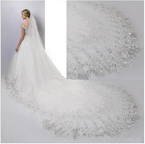 WxuuLTGJR Schleier Schleier Langer Hochzeitsschleier mit Spitzenkante und Kamm, Braut-Tüll, Braut-Tüllschleier, elegant, 250/300/350/400/500 cm, einfacher Brautschleier Anmut