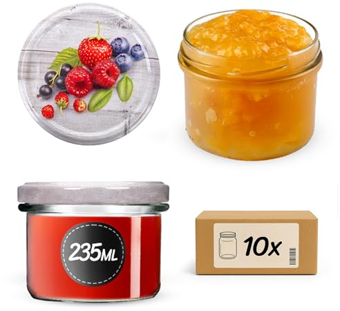 KADAX 10er Set Marmeladengläser 235ml TO82 Himbeeren, Einmachgläser Vorratsgläser Mason Jar mit Schraubdeckel, Luftdichte Schraubgläser, Honig & Konfitüre