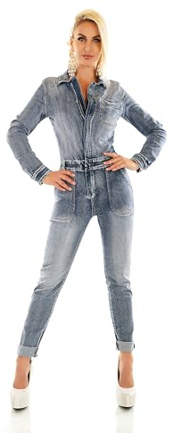 Zeralda Fashion Damen Langarm Jeans Overall Hose Jumpsuit Röhre Skinny Fit Denim Einteiler Gürtel (DE/NL/SE/PL, Alphanumerisch, M, Regular, Regular, Blau-7207)