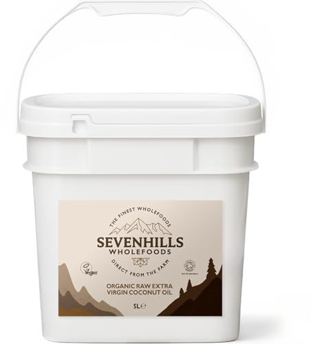 Sevenhills Wholefoods 5L ekologisk extra jungfru rå kokosolja (kallpressad), återvinningsbart plaströr, för matlagning, bakning, hudfuktkräm, hårbalsam