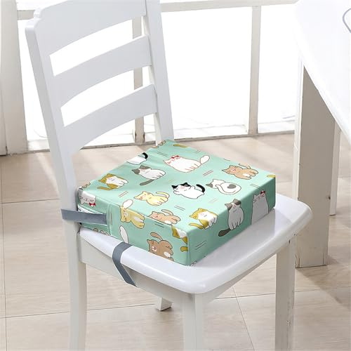 Surwin Rutschfeste Sitzerhöhung Stuhl Kind Sitzkissen Stuhl mit Sicherheits Schnalle, Sitzkissen Kinder Tragbare Sitzerhöhung Waschbar Zerlegbar Baby Sitzhilfe, Katzendruck (Grün,40x40x10cm)