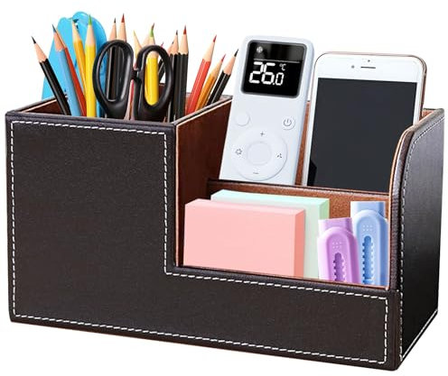 VKFOFEG Schreibtisch Organizer, PU Leder Stiftehalter Schreibtisch, Büroorganizer mit 3 Speicherabteil, Multifunktionaler Stifte Organizer, Büro Organizer Bürobedarf für Büro Zuhause Schule (Braun)