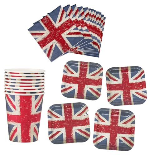 Smiffys Vintage Union Jack Tableware Set – 32 Napkins, 24 Square Plates & 24 Cups – British Themed Party Pack for VE Day 80th Anniversary, UK, Royal, Olympic, Eurovision and British Events