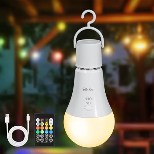 Kimjo E27 7 W Lampadina Ricaricabile USB C Con Telecomando, 3 Colore & RGB | Lampadina LED Batteria, Luminosità Regolabile, Senza Fili, Touch Control, Funzione Temporizzazione, Luci Di Emergenza