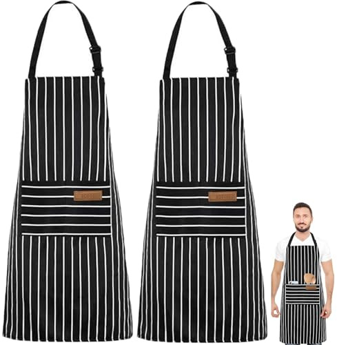 DDUP Adjustable Apron Unisex Aprons with Double Pocket, Cooking Baking Apron Kitchen Chef Aprons for Women Men,Home Kitchen Butchers BBQ Restaurant Coffee House (Black-Pack of 2)