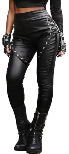 Nihsatin Women’s Gothic High Waist Faux Leather Pants Side Lace-Up Skinny Fit Punk Rock Trousers with Eyelet Detail Black