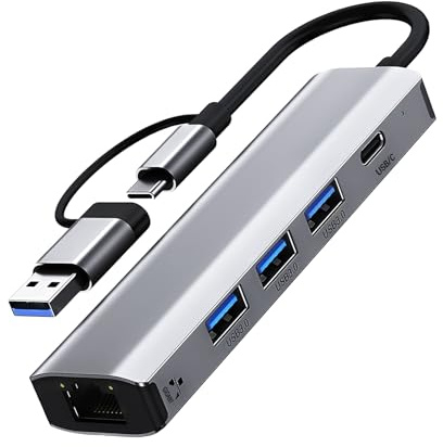 DEWIN Hub USB,5 IN 1 Adattatore Ethernet Gigabit RJ45 Adattatore Ethernet, 1 porta RJ45 con velocità 1000 Mbps,1 porta USB-C e 3 porte USB 3.0