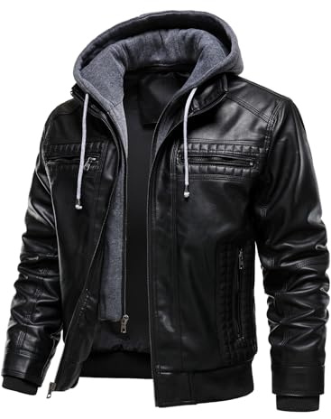 HOOD CREW Chaqueta de piel sintética para hombre con gorra desmontable, resistente al viento, cálida y multifuncional, impermeable, múltiples bolsillos, Negro, XL