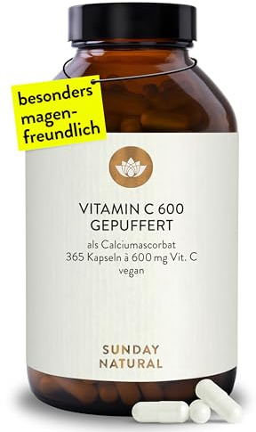 SUNDAY NATURAL® Vitamin C - 365 Kapseln - 1.200 mg Vitamin C gepuffert je Tagesdosis – säurefreies Calciumascorbat – Magenschonend – Laborgeprüft, vegan, ohne weitere Zusätze