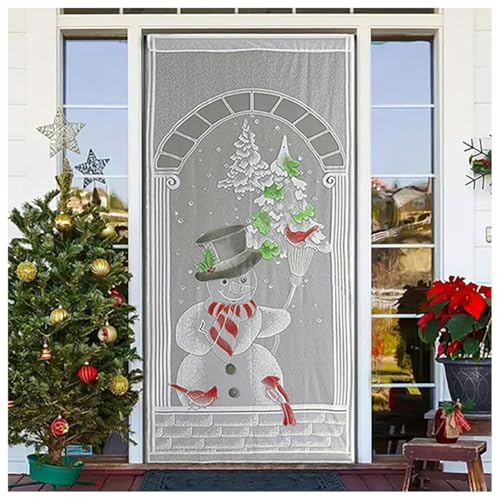 BrightGlow Weihnachten Vorhänge Tür Scheibengardine Spitze Vorhänge Transparent Schneemann Gardine Weihnachten Türabdeckung Lace Curtains Weihnachtsmann Gardine 100x 200cm Weihnachtsschneemann