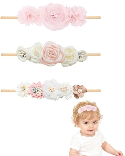 3 stycken babyhårband, blomma elastiskt hårband, mjuka babyflickor, pannband för baby, flicka, spädbarn, nyfödda, småbarn och barn