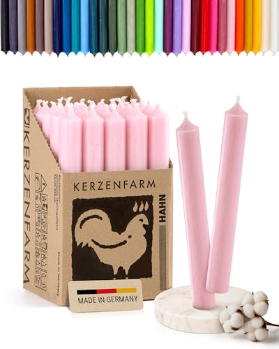 Stabkerzen 10 Stück, 18cm x 2,2cm, Premium Qualität - Deutsche Manufaktur, Kerzenfarm Hahn - lange Brenndauer (8+ Stunden) RAL-Zertifiziert, durchgefärbte Spitzkerzen (Rosa)