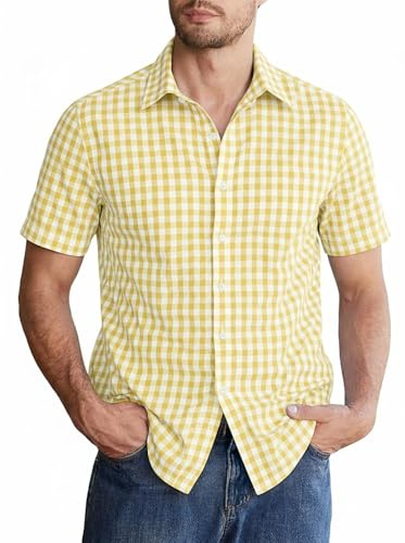 Halfword Uomo Camicia a Quadri Maniche Corte Cotone Gingham Popeline Tradizionale Oktoberfest Botton-Down Vichy Shirts