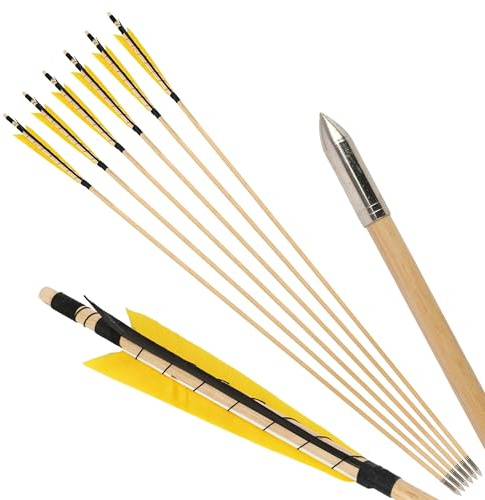 surwolf 31” bågskyttepilar av trä, traditionellt handgjorda, med 5” kalkonfjäder, OD8mm träskena, jaktmål för långbåge/recurvebåge hästbåge 6&12 st. (gul svart, 6pcs)
