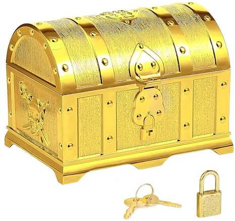 INCNMAD Pirate Treasure Chest Plast Presentförvaringslåda med lås och nyckel för piratskattjakt fester, dekoration och förvaring (guld, 14 x 10 x 10,5 cm)