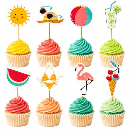 Arthsdite 24 Stück Sommer-Cupcake-Topper, Strand, Pool, Party, Kuchendekoration, tropische Luau-Geburtstags-Picker, Sonne, Flamingo, Wassermelone, Strandball, Eis, Getränk für Babyparty, Partyzubehör