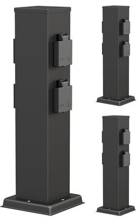 ledscom.de 3 Tomas de jardín Columna Polly para Exterior, IP44, 4 vías, Acero Inoxidable, Negro, Cuadrada, 40 cm