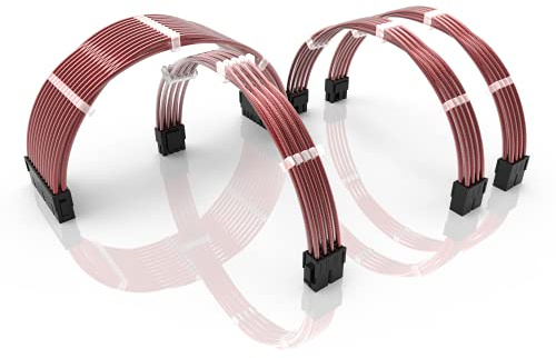 LINKUP - 30cm PSU PC Power Extension Cable Metallic Sleeved Silicone Coated Soft & Flexible to Route Custom Mod GPU & CPU w/Comb Kit | 1x 24P (20+4) | 1x 8P (4+4) CPU | 2x 8P (6+2) GPU | 300mm - Pink