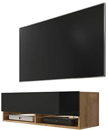 Selsey Wander - TV-Board/Fernsehschrank für Wohnzimmer hängend/stehend, optional mit LED, 100 cm (Holzoptik Wotan Eiche/Schwarz Hochglanz, ohne LED)