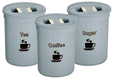 3 Piece Tea Coffee Sugar Canister Set 850ml Plastic Round Tea Coffee Sugar ContainerTin Airtight Storage Jars Set (Sky Blue)